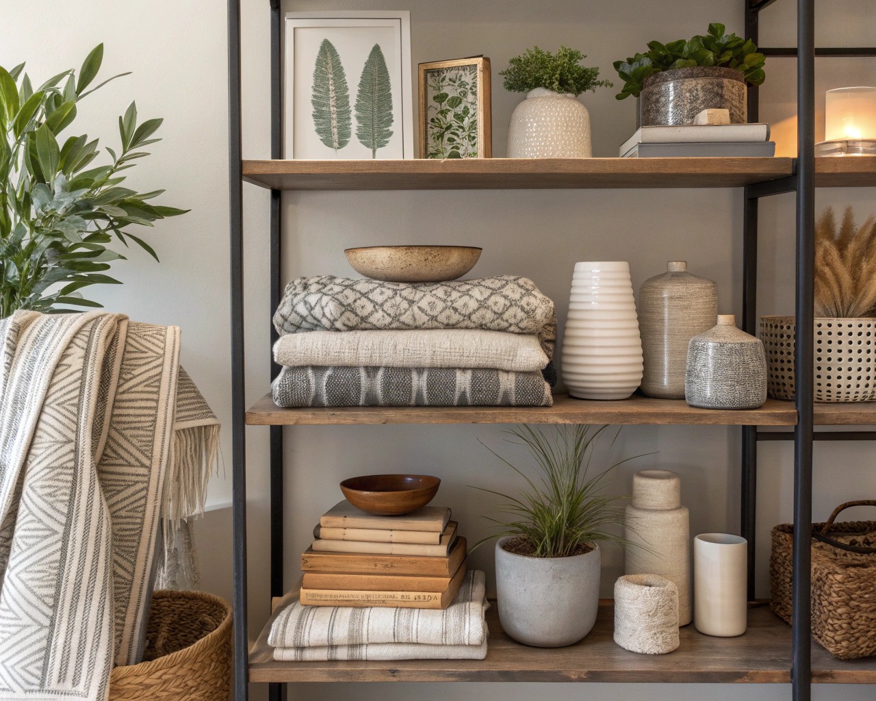 Incorporate natural materials and contrasting textures to bring warmth and depth to your shelf displays.