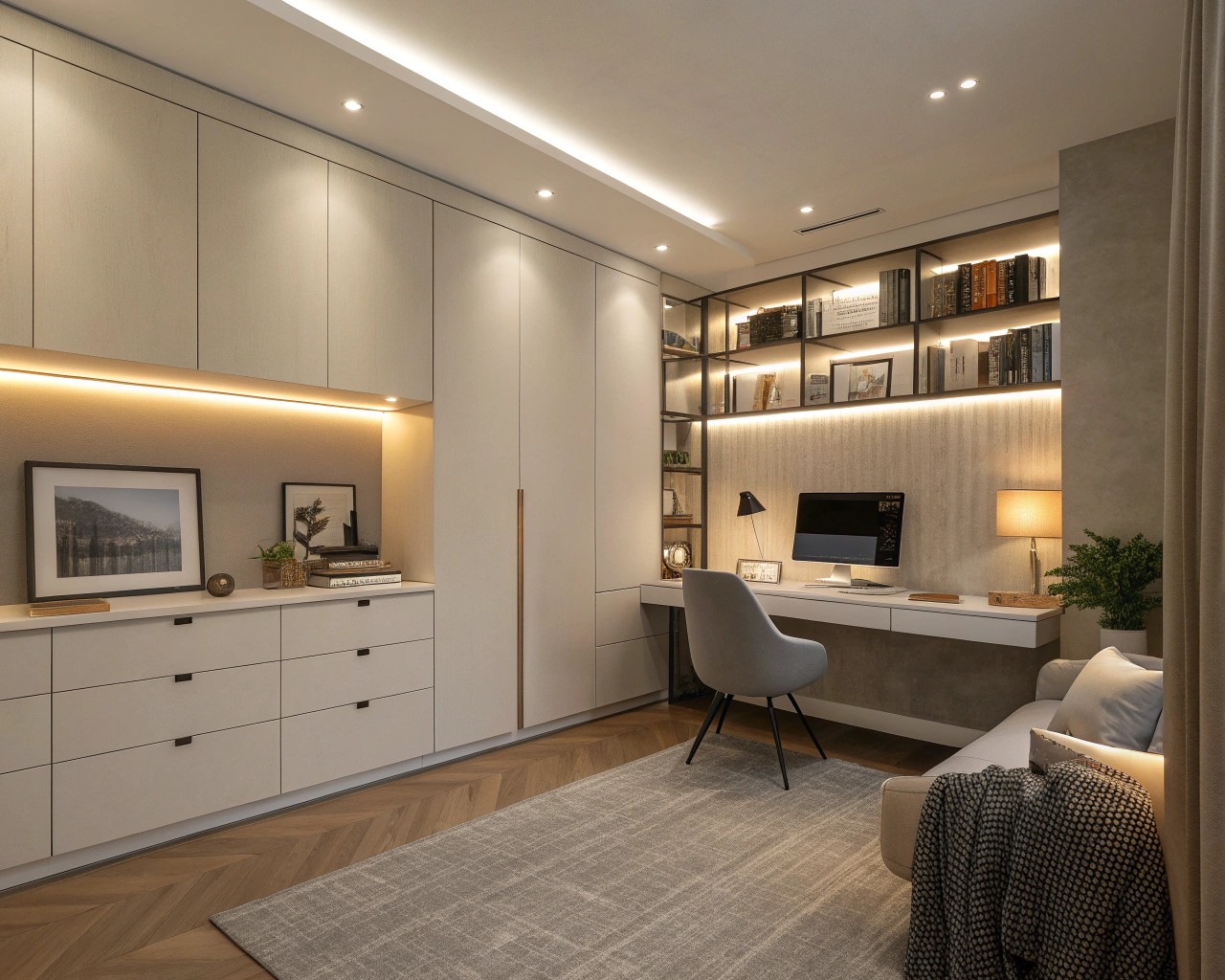 Layered lighting in a modern space for a cozy and functional atmosphere.
