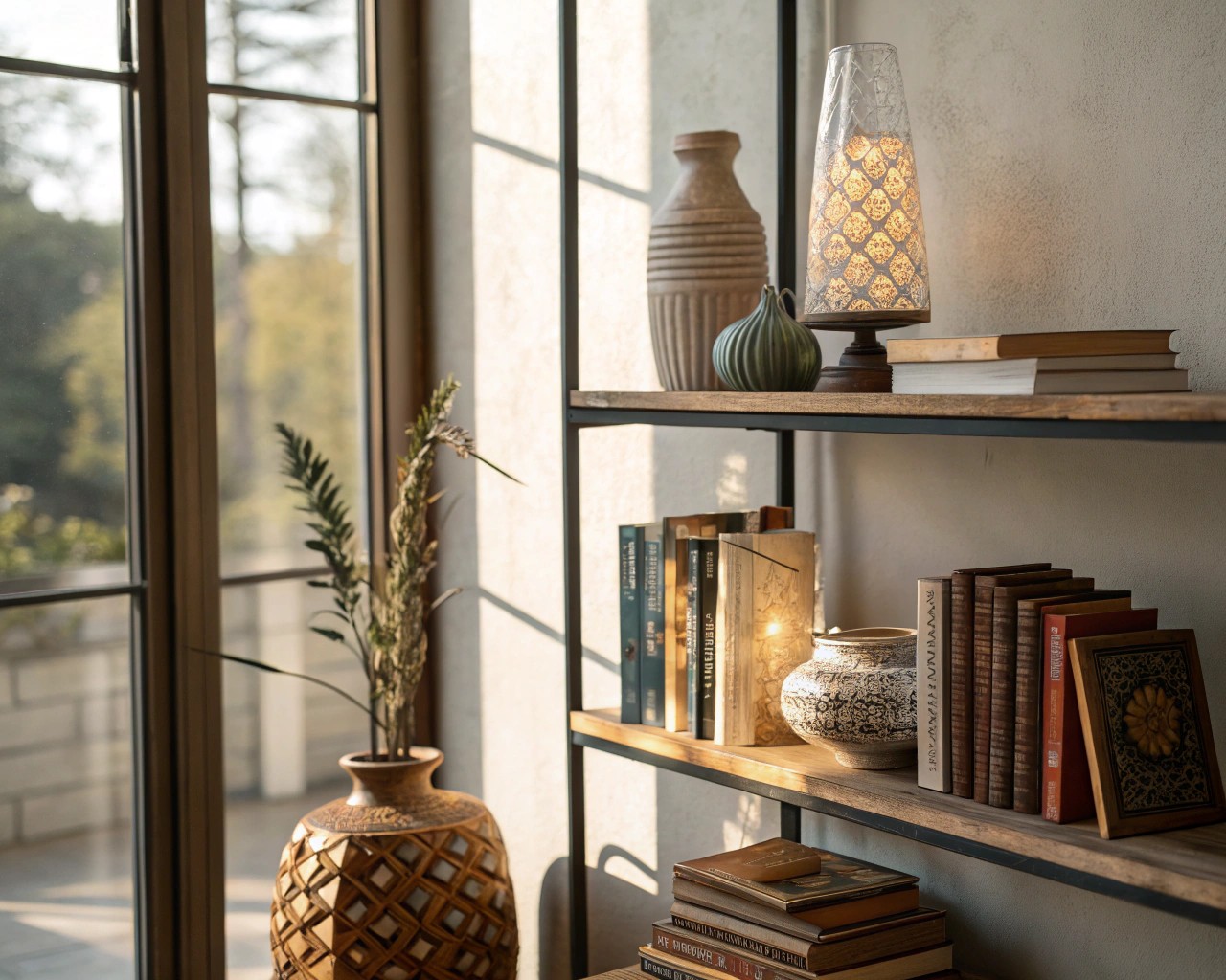 Optimize your shelf display by maximizing natural light and using supplemental lighting to highlight your arrangement.