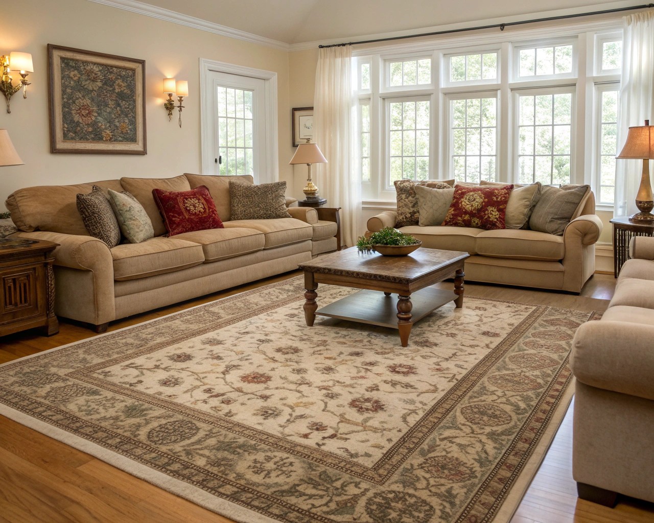 Selecting the right size of area rug ensures a cohesive look and proper space division in your living room.