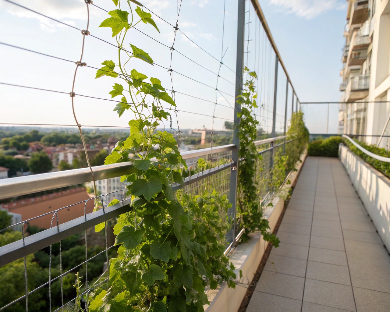 Vertical growing systems maximize plant support and space efficiency on balconies.