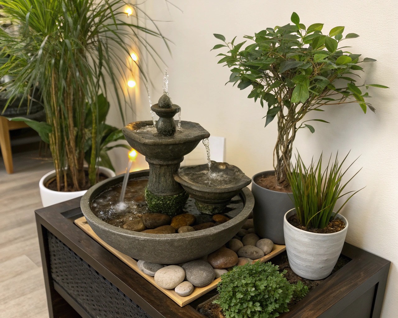 Water features add soothing acoustics and movement to complement biophilic design.